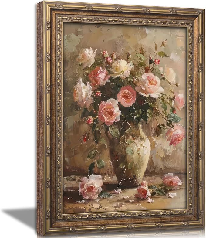 Gold Framed Vintage Floral Canvas Wall Art French Country Painting Picture Wall Decor Vase Flower Arrangement Poster Print Artwork for Living Room Bedroom Bathroom Home Decoration