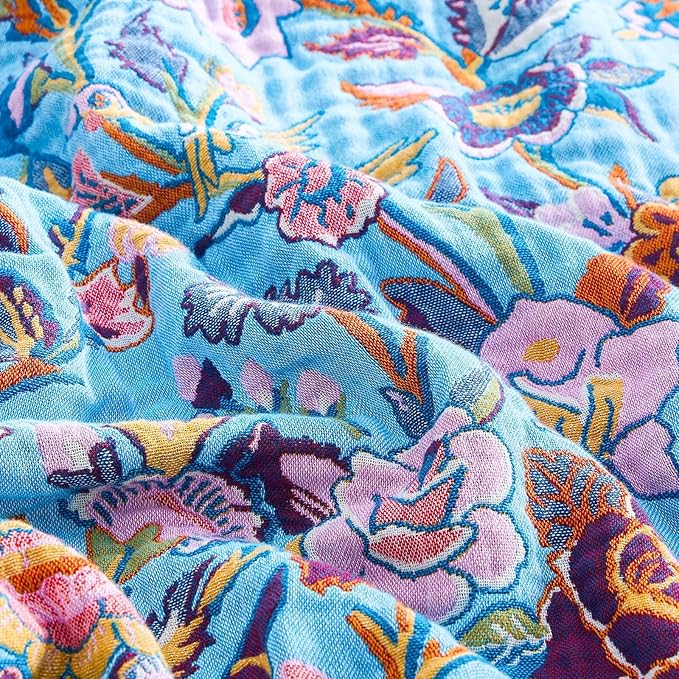 XIBLC Fall Blanket for Bed, 100% Cotton Soft Rustic Boho Throw Blanket Quilt, 90"x98" Farmhouse Decor Bed Flower Blankets, Light Weight Reversible Bohemian Throw Quilt