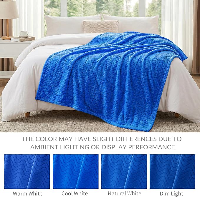 Exclusivo Mezcla Large Fleece Throw Blanket for Couch, Sofa, Cobalt Blue | 50"x70" Soft Breathable Lightweight Flannel Throws for Summer, Plush Cozy Jacquard Wave Blanket for Home Decor