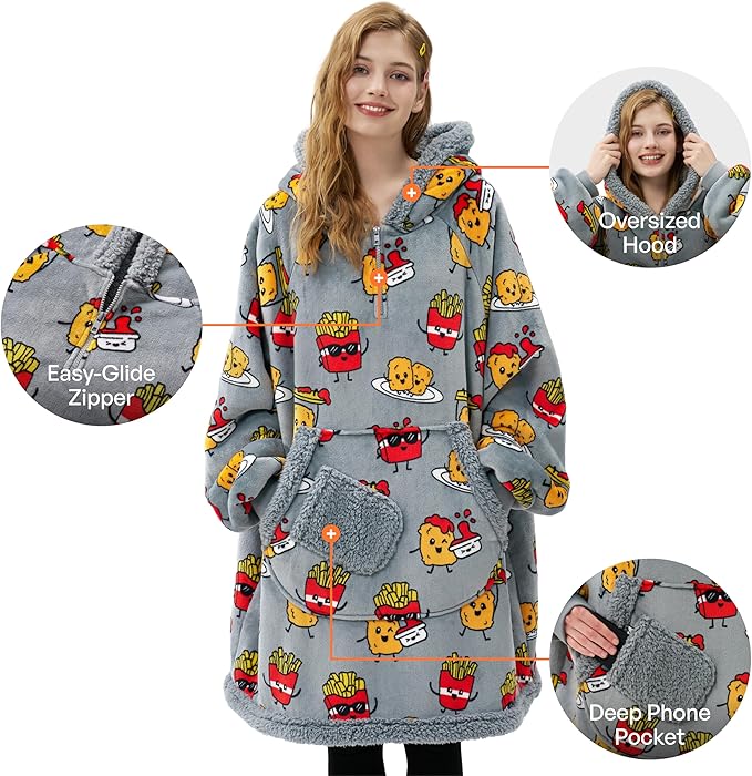 Giggling Getup Wearable Blanket Hoodie for Adults Gifts for Teen Girls Sister Women Sherpa Fleece Printed Hooded Blanket Sweatshirt Warm Cozy with Pocket & Sleeves Grey Chicken Nuggets Fries