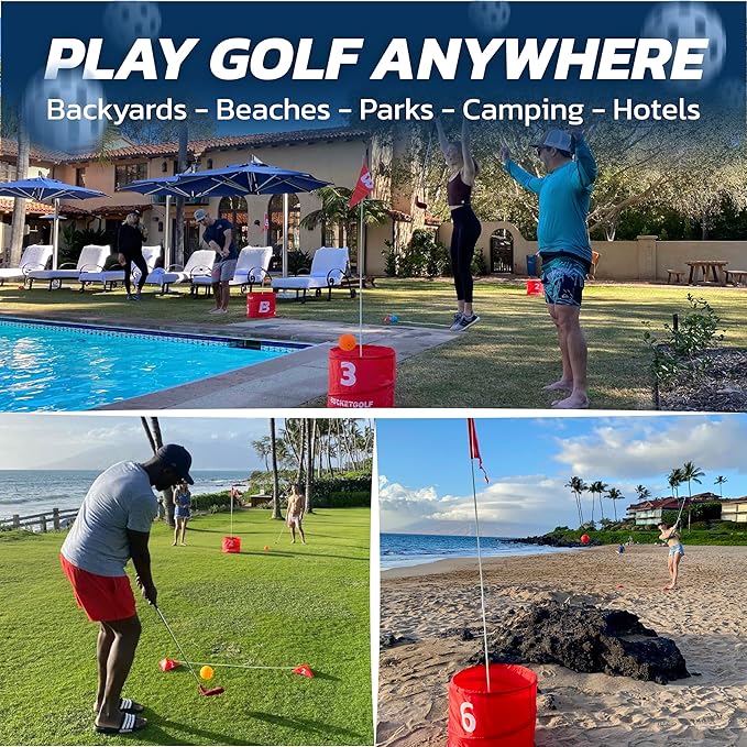 bucketgolf Game 6 Hole Bundle with Clubs - The Best Backyard Golf Game for All Ages and Levels Adults, Kids, Families, Schools, Yards, Parks, Beaches, Vacation. (4 Clubs (3 RH + 1 LH))