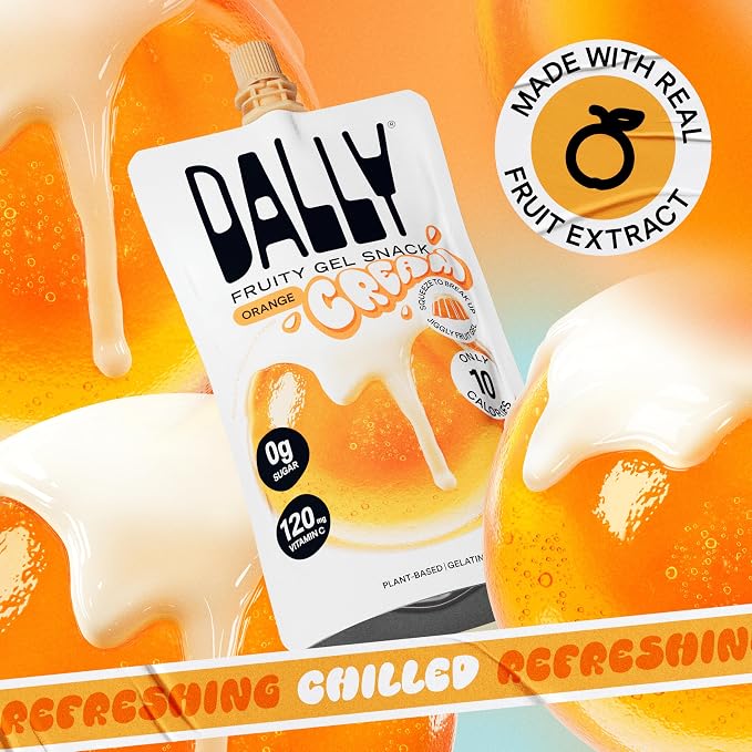 Dally Orange Cream Drinkable Konjac Jelly, 10 Pouches, Fruit Snack | Sugar free, keto and gluten free; prebiotics, postbiotics and vitamin C for skin and immune health