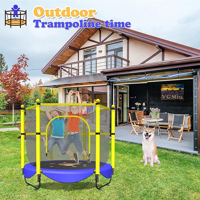 VGMiu 60" Trampoline for Kids, 5 FT Indoor & Outdoor Toddler Baby Trampoline with Basketball Hoop, Safety Enclosure, Birthday Gifts for Kids, Gifts for Boy and Girl, Age 3-8