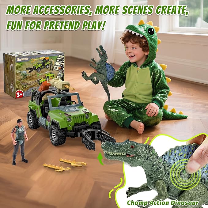 EKU Dinosaur Park Truck with 10 Sounds, Capture Net, Clamp, Launcher, Chomping Spinosaurus Figure, Human, Push and Go Adventure Vehicle for Jurassic World Toys Pretend Play Gifts for Kids 3+