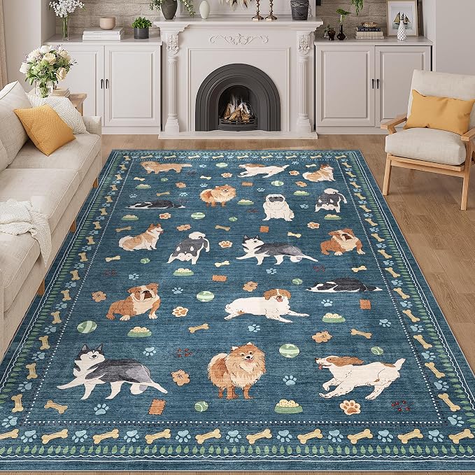 DUKINO 6x9 Washable Dog Area Rug for Living Room Non Slip, Blue | Non-Shedding, Stain Resistant, Soft Animal Carpet for Bedroom Kids Playroom Nursery Dining Room Farmhouse, Pet & Kid Friendly