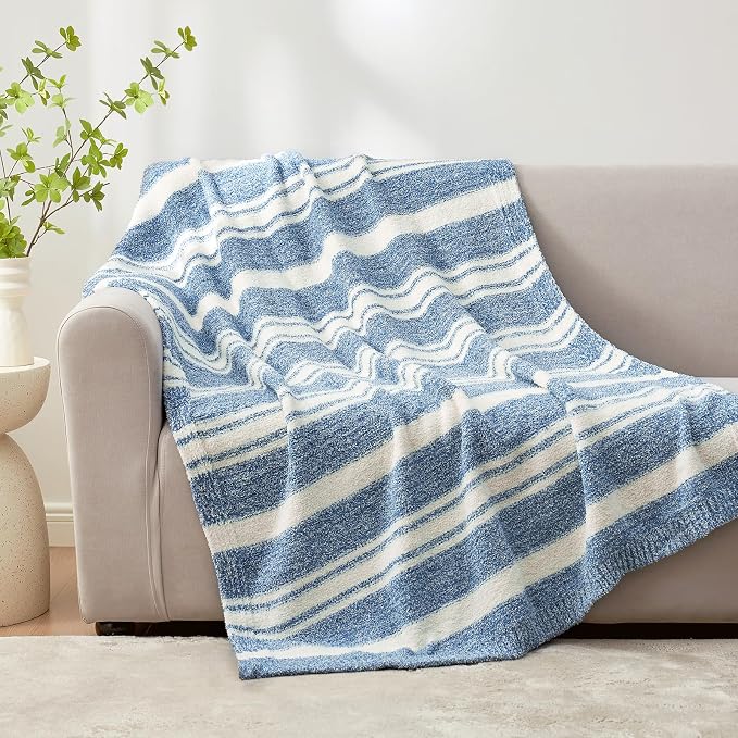 Snuggle Sac Queen Size Bedding Blankets, Oversized Bed Blankets Super Soft Warm Cozy Knit Fuzzy Blankets for Bed, Bedroom, Stripe Blue, 90"x90"