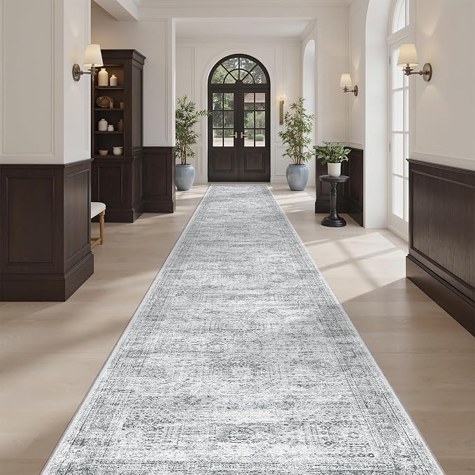 Soalmost Hallway Runner Rug 2'6" x 16' Washable Long Kitchen Rugs Grey | Non-Slip Vintage Runners 2.5x16ft for Bathroom Entryway, Thin Low-Pile Foldable Floor Carpet Mat 16 ft for Corridor Bedroom