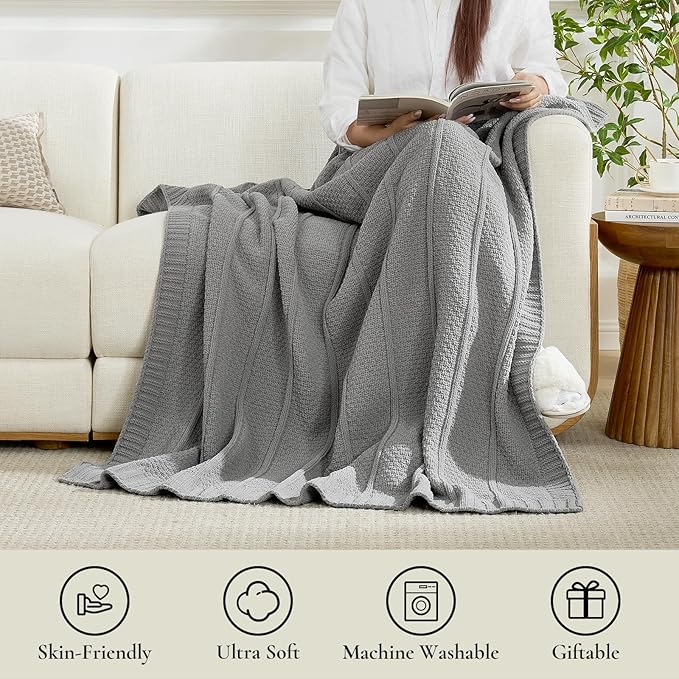 Amélie Home Premium Chenille Throw Blanket, Soft Cozy Moss Stitch Knit Blanket for Couch, Sofa, Chair, Home Decor, Grey 50"x60"