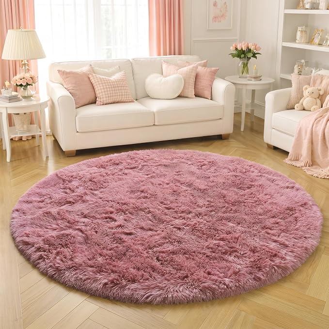 Blush Pink Big Round Rug 8Ft for Kids Bedroom, Large Fluffy Fuzzy Furry Circle Area Rugs for Girls Room Decor Aesthetic, Shaggy Circular Carpet for Baby Nursery Playroom, Cute Dusty Rose Mauve Rug