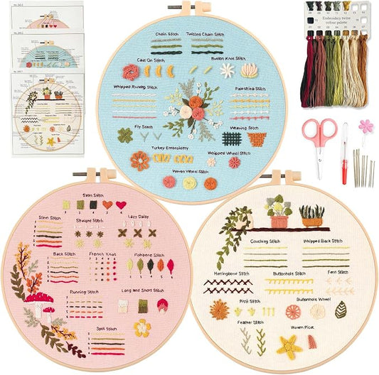 Myfilicity Embroidery Beginners Stitch Practice kit, 3 Embroidery Starter Kits, Learn 30 Different Stitching Techniques for Craft Enthusiasts to Hand-Stitch Fabric and Learn Embroidery Skills…