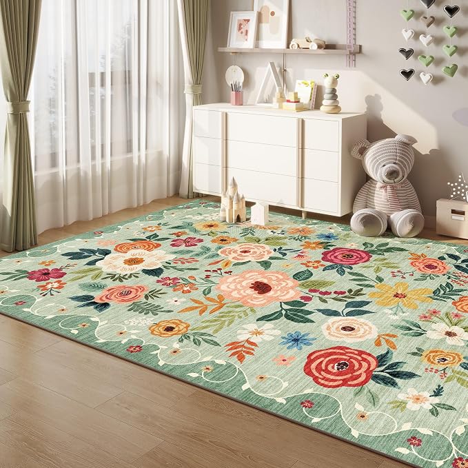 DUKINO 5x7 Area Rug, Floral Rugs for Living Room, Lightweight Non Slip Washable Rug, Indoor Low Pile & Non-Shedding Boho Design Rugs for Bedroom, Living Room, Dining Room, Green | Soft, Low Pile, Stain Resistant Indoor Rug for Bedroom, Dining Room, Off...