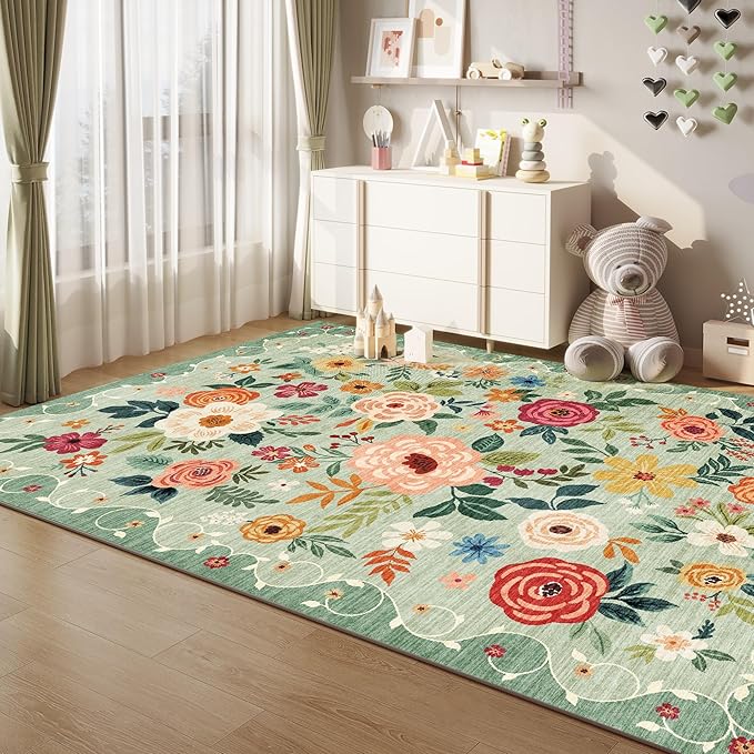 DUKINO 6x9 Area Rugs, Floral Washable Rug for Bedroom Non Slip, Green | Soft, Low Pile, Large Indoor Rug for Living Room, Dining Room, Kids Room, Office, Pet Friendly, Home Decor, Stain Resistant