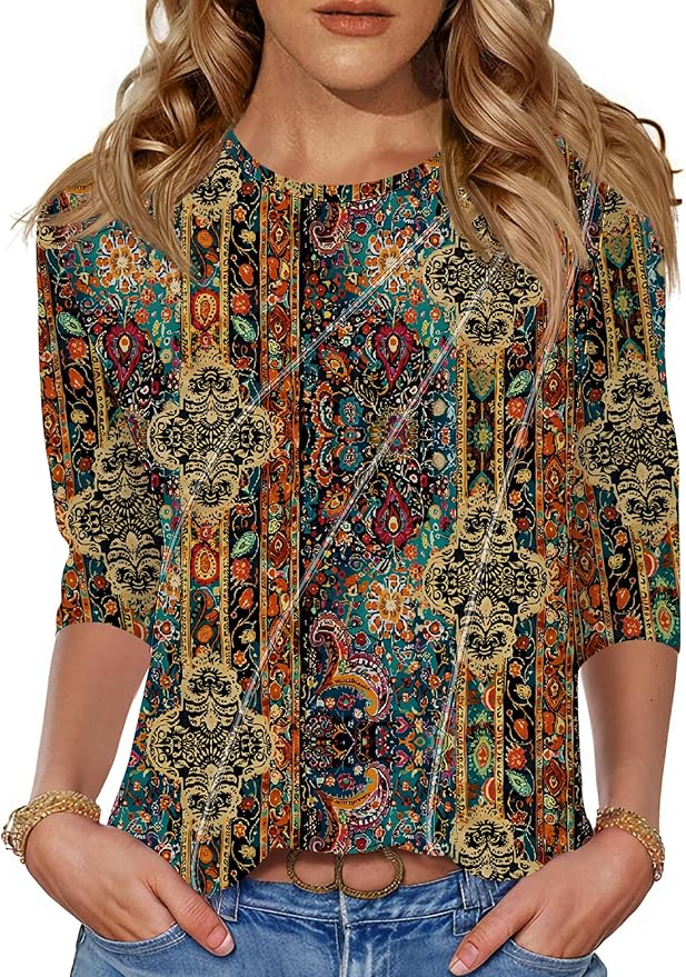 LOMON 3/4 Length Sleeve Womens Tops Spring Summer Fashion 2026 Tops Crew Neck Pleated Shirts Tunic Top Loose Fit