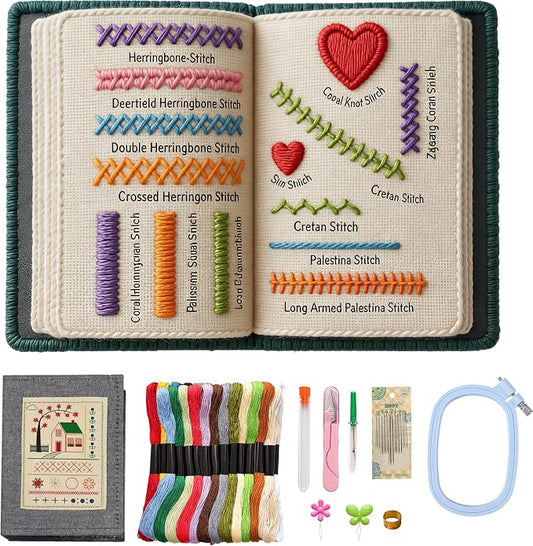Jongdari Embroidery Stitch Book Kit, DIY Embroidery Stitching Sewing Kit with Practice Patterns for Beginners & DIY Craft Lovers