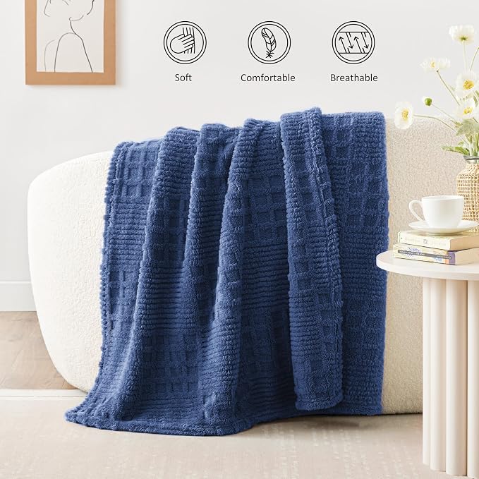 EXQ Home Fleece Throw Blanket for Couch or Bed - 3D Waffle Patchwork Pattern Jacquard Decorative Blankets - Cozy Soft Lightweight Fuzzy Flannel Blanket Suitable for All Seasons(50"×60",Dark Blue)