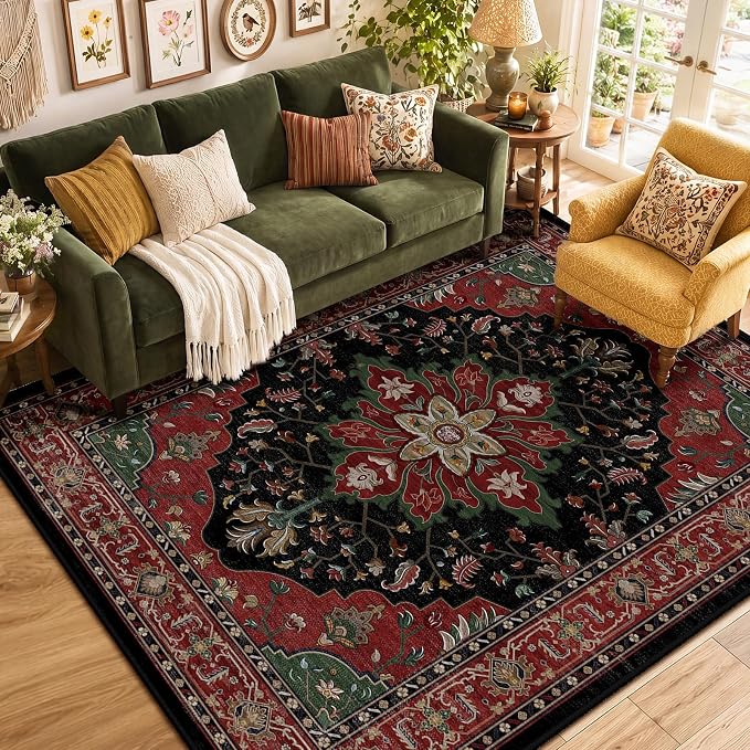 RELEANY Area Rugs 6'x9' Washable Non-Slip, Floral Vintage Distress Medallion Carpet for Living Room Bedroom Dining Room, Red Black