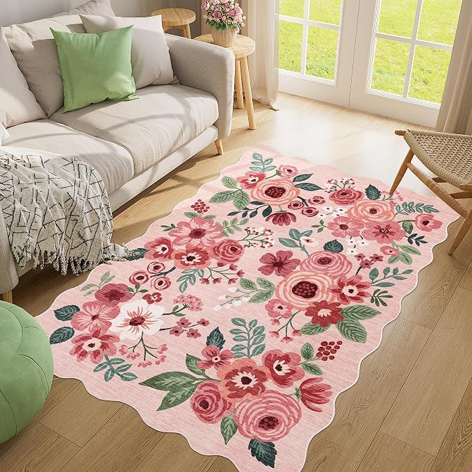 DUKINO 4x6 Area Rug, Non Slip Floral Washable Rug for Living Room, Pink | Low Pile, Stain Resistant, Soft Throw Rugs for Bedroom, Office, Dining Room, Nursery, Pet Friendly, Home Decor, Lightweight