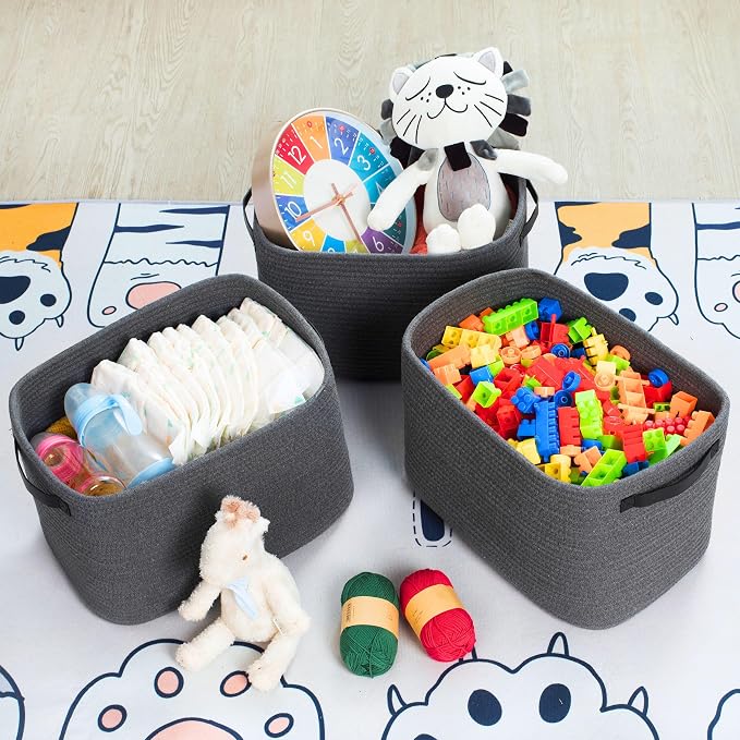 3-Pack Decorative Woven Storage Baskets for Shelves, Cube Bin Box for Organizing Books, Shoes, Dog Toys, Pantry Closet and Living Room Organizer, Charcoal / Black