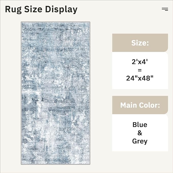Soalmost 2x4 Abstract Washable Rugs for Entry, Kitchen Area Rug Blue/Grey | Small Non-Slip Vintage Low Pile Throw Door Mat For Bathroom Entryway Laundry, Stain Resistant Indoor Entrance Floor Carpet