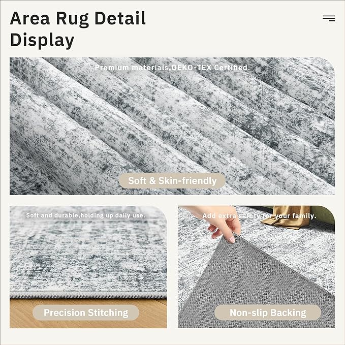 Soalmost 10x14 Area Rugs for Living Room Washable Rug Non-Slip Grey | Large Vintage Stain Resistant Carpet for Dining Bedroom, Low Pile Lightweight Foldable Floor Mat Nursery Home Office Decor