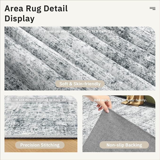 Soalmost Washable Area Rug 8x10 Large Soft Grey Rugs for Living Room | Vintage Non-Slip Carpet for Dining Bedroom, Stain Resistant Low Pile Foldable Lightweight Floor Mat Under Table Home Decor