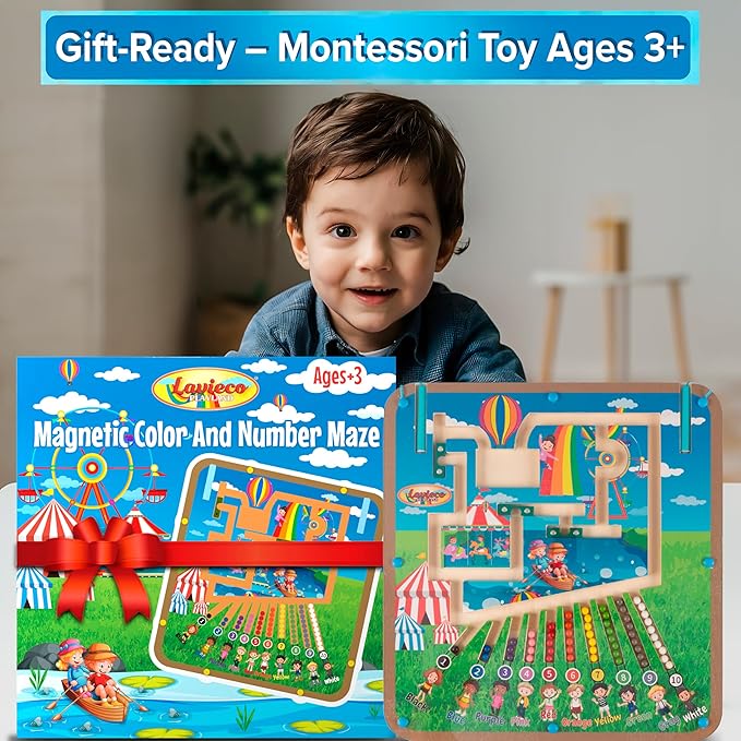 Magnetic Montessori Toys for 3 Year Old - Magnet Board for Kids, Magnetic Maze for Kids Ages 3-5, Color and Number Maze, Puzzles for Toddlers, Magnet Mazes for Toddler, Learning Activity, Carnival