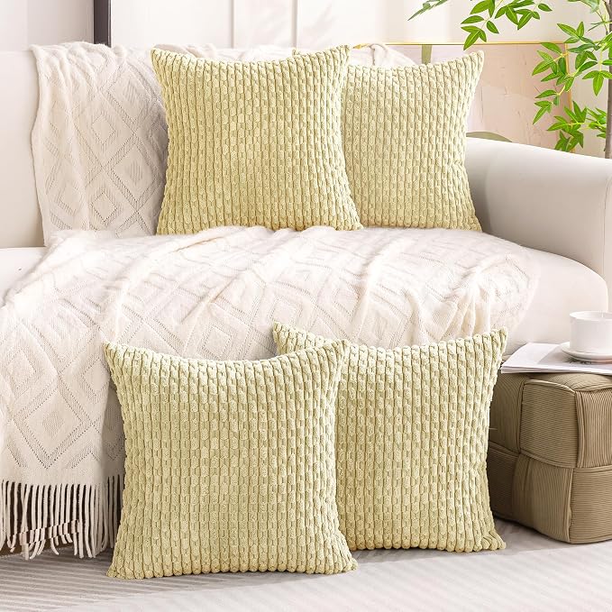 Set of 4 Pale Yellow Decorative Throw Pillow Covers 26x26 Inch Corduroy Pillow Covers for Bed Couch Sofa Living Room Soft Square Cushion Cases