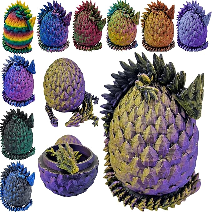 Surprise Dragon Egg Articulating Gemstone Dragon Fidget Figurine - 3D Printed Dragons Flexible ADHD, Autism, Relief Anxiety - Articulated Joints (Gold Purple Black)