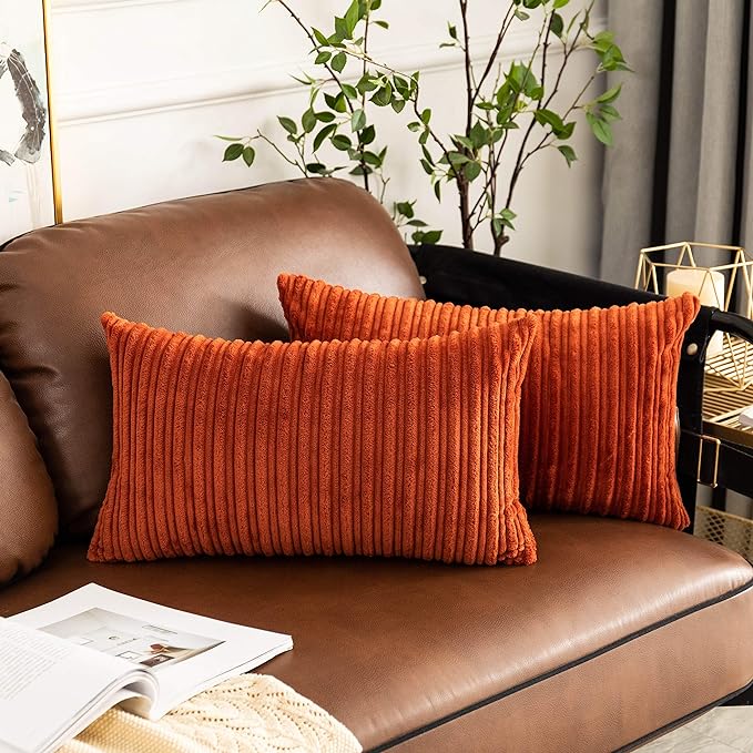 UGASA Fall 12x24 Inch Pillow Cover Pack of 1 Soft Boho Stripe Corduroy Long Rectangle Lumbar Cushion Case Farmhouse Decorative Throw Pilowcase for Bed, Couch, Sofa, Bedroom, Living Room, Burnt Brick