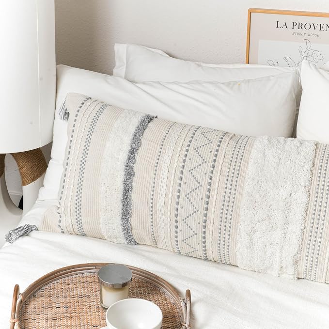20X54 Oversized Large Lumbar Pillow Cover for Bed, Rectangular Long Decorative Throw Pillowcase, Cotton Boho Accent Cushion with Gray Tufted Pattern and Tassels, Cream Neutral (Cover Only)