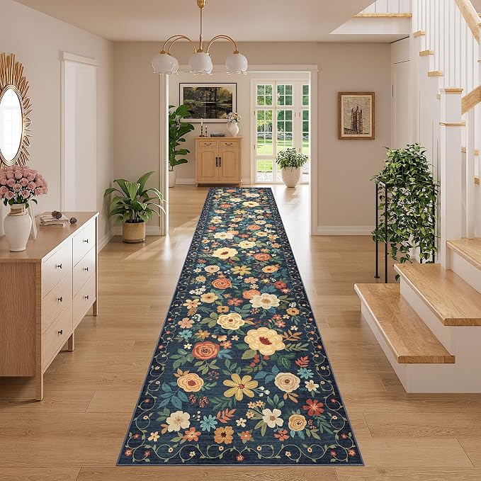 DUKINO 3x14 Washable Runner Rug, Non Slip Kitchen Runner Rug, Navy Blue | Soft, Low Pile, Floral Indoor Long Carpet Runner for Hallway, Entryway, Bedroom, Bathroom, Laundry, Pet Friendly, Home Decor