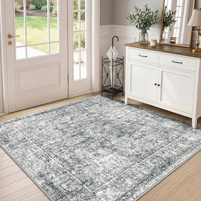 CAPALOCA Square 4ft Washable Nursery Girls Low Pile Area Rug Grey | Non-Slip Soft Rugs for Bedroom Kids Playroom Living Room, Print Pattern Water Repellent Carpet Indoor Decor