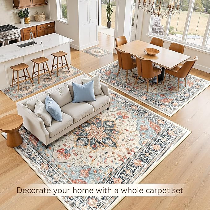 RELEANY Area Rugs Runner 2'x10' Washable Non-Slip, Floral Vintage Distress Medallion Carpet for Kitchen Hallway Bedroom Beside Laundry Room Bathroom, Beige Navy Blue Orange Colorful