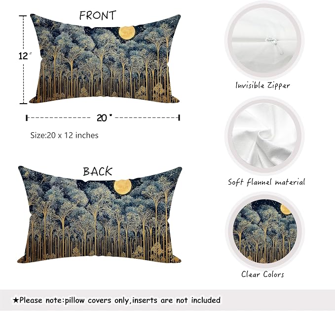 Rustic William Morris Night Forest Moon Decor Pillow Covers 20x12,Vintage Dark Gold Botanical Nature Landscape Decorative Throw Pillow Covers for Home Bedroom Living Room