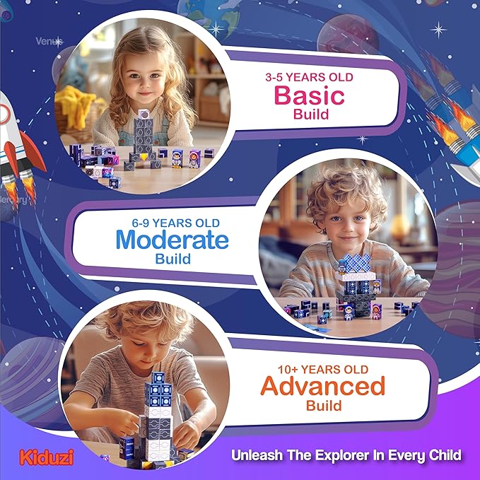 2 in 1 Toy: 1 inch Magnetic Building Blocks – Space Adventure Edition - 100-Piece STEM Toy Ages 3-10+ - 2D Puzzle & 3D Models - Screen-Free Fun - Strong Magnets, Durable & Travel-Friendly