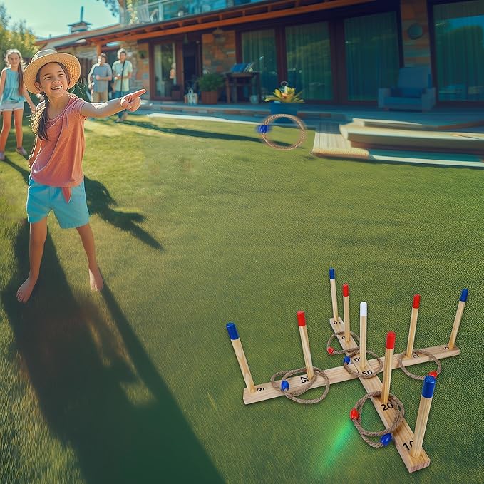 Gothink Extra Large Ring Toss Game for Adults & Kids, 30" Wooden Ring Toss Game Outdoor Fun with 9 Poles, 10 Rings and Carrying Bag Easy to Set Up & Compact Carry Portable Yard Games Toys Gifts