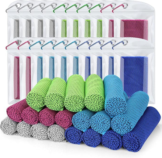 Cooling Towel (Pack of 20, 40"x12") with Pouches for Sports, Workout, Fitness, Gym, Yoga, Golf, Pilates, Travel, Camping & More