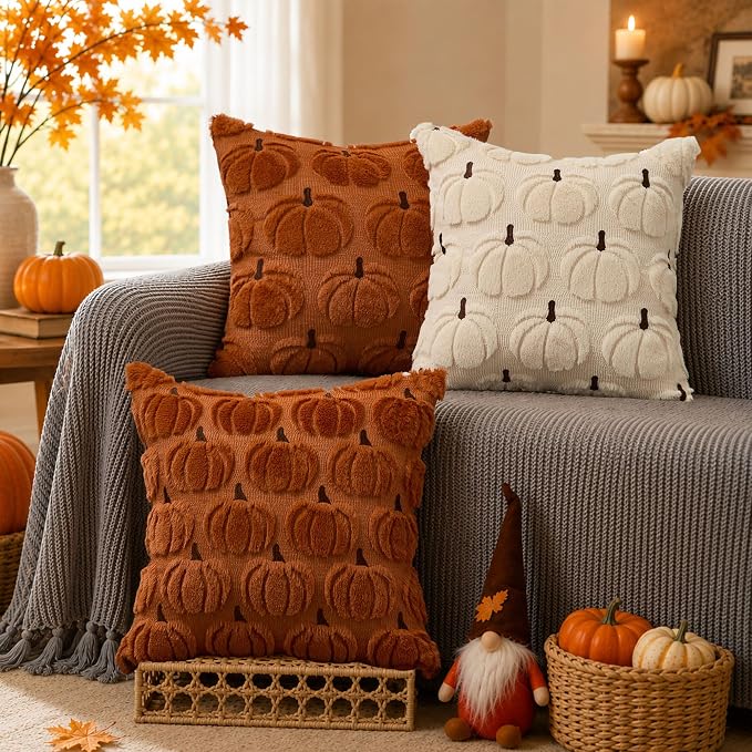DFXSZ Fall Pillow Covers 20x20 2Pcs Rust Brown Pumpkin Fall Decorations | Fall decor Set of 2 Throw Pillow Cases Soft Plush Faux Fur Wool Couch Cushion for Chair Sofa Bedroom Living Room Home Decor