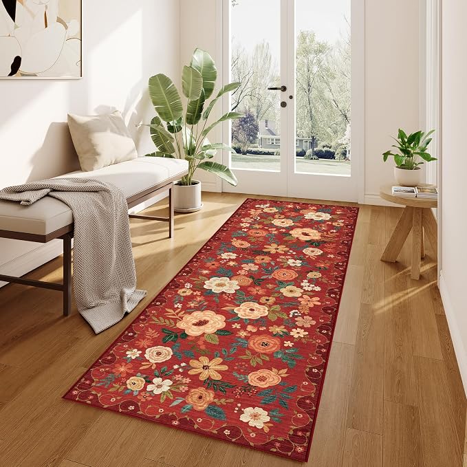 DUKINO 2x6 Runner Rug for Hallway, Washable Kitchen Rugs Non Slip, Red | Low Pile, Soft, Floral Indoor Rug for Entryway, Bedroom, Laundry, Bathroom, Pet Friendly, Lightweight, Modern Home Decor