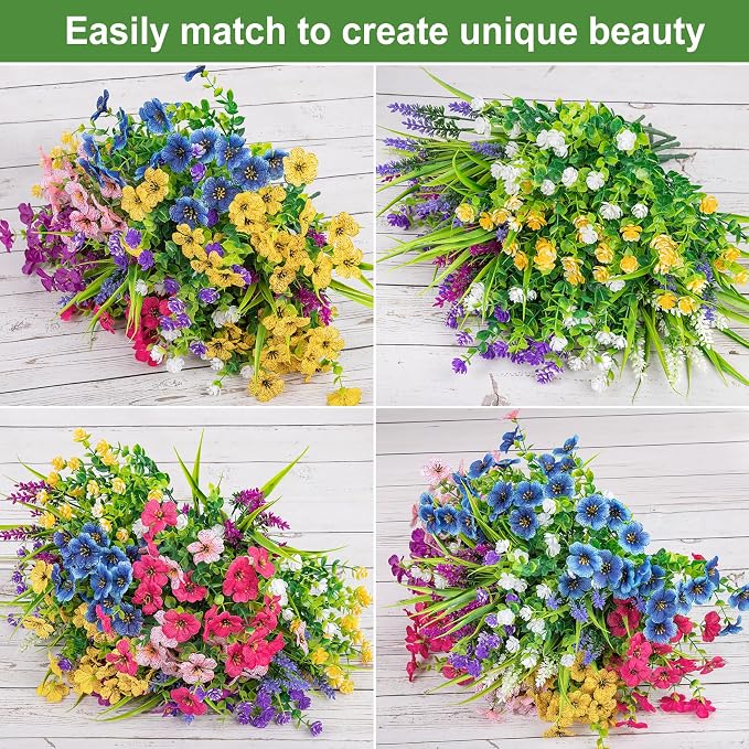 Ouddy Decor 24 Pcs Mixed Artificial Flowers for Outdoors Home Decorations | Fake silk flowers, plastic plants, faux lavender, UV resistant for garden patio window box office table kitchen home decor