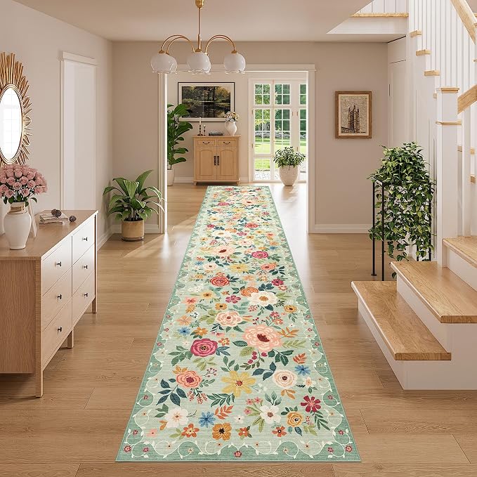 DUKINO 3x14 Washable Runner Rug, Non Slip Long Kitchen Runner Rug, Green | Soft, Low Pile, Floral Indoor Carpet Runner for Hallway, Entryway, Bedroom, Bathroom, Laundry, Pet Friendly, Home Decor
