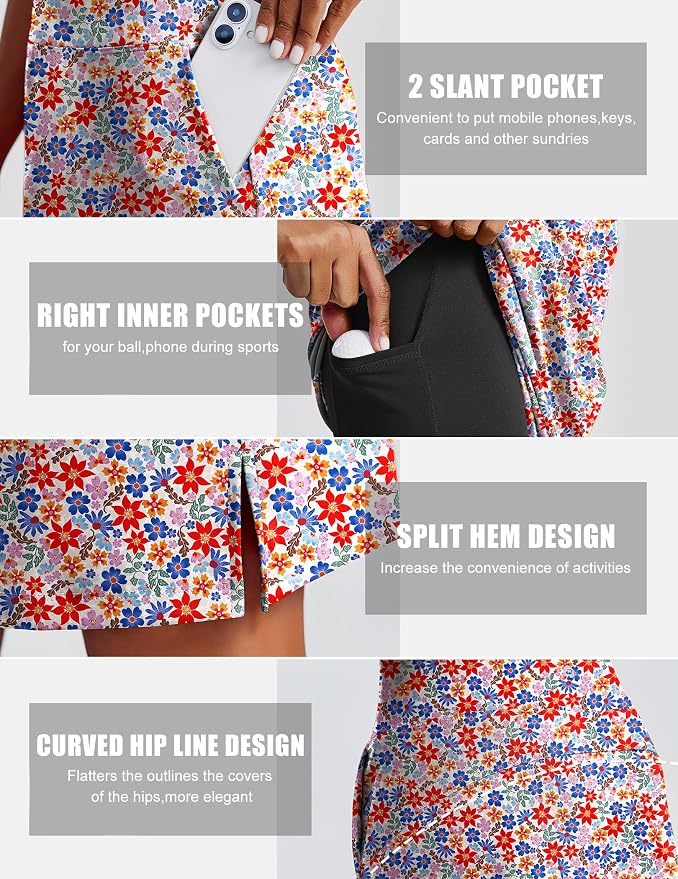 PINSPARK 20" Skorts for Woman Knee Length UPF 50+ Golf Skirts | 4 Pockets, Built-in Shorts, High Waisted, Split Hem, Silky-smooth, Moisture-wicking, for Golf Athletic Tennis Workout Casual