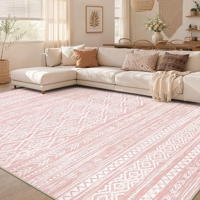 Nakagishi Area Rug Living Room Rugs: 10x14 Large Soft Machine Washable Boho Moroccan FarmNeutral Stain Resistant Indoor Floor Carpet for Bedroom Under Dining Table Home Office Decor-Pink