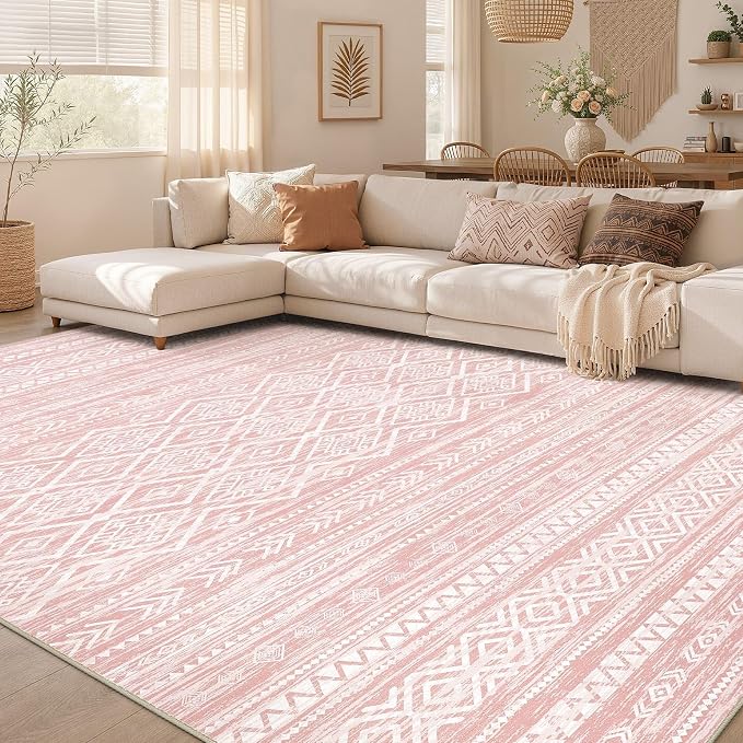 Nakagishi Area Rug Living Room Rugs: 6x9 Large Soft Machine Washable Boho Moroccan FarmNeutral Stain Resistant Indoor Floor Carpet for Bedroom Under Dining Table Home Office Decor-Pink