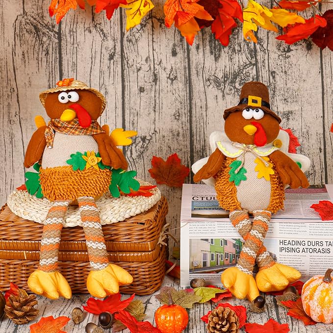 2 Pack Turkey Stuffed Animal, Thanksgiving Table Decor Turkeys Plush Fall Couple Doll Indoor Gift for Thanksgiving Day Party Boys and Girls