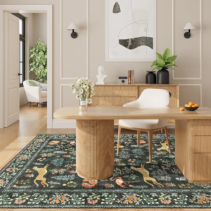 DUKINO 4x6 Area Rug, Non Slip Animal Washable Rug for Living Room, Black | Soft, Low Pile, Stain Resistant Indoor Carpet for Bedroom, Dining Room, Nursery, Farmhouse, Pet Friendly, Non-Shedding