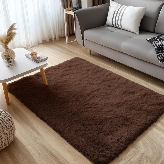 OLANLY 4x5 Machine Washable Accent Rug, Soft Fluffy Shaggy Area Rug for Bedroom, Living Room, Indoor Floor Carpet for Kids, Nursery, Home Decor, Coffee