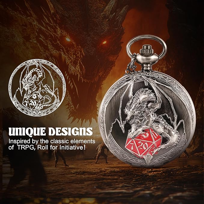 D&D Dice Set,7PCS Metal Dice for Dungeons and Dragons,Mini Dice Set with Pocket Watch Case,Role Playing Board Games Accessories (Dragon-R, Ancient Silver)