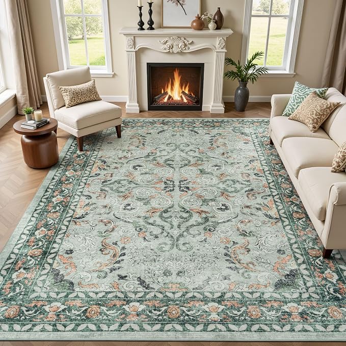 8x10 Area Rugs for Living Room,Washable Non-Slip Large Rug, Sage Green | Soft Carpets for Bedroom for Dining Room Home Office Indoor Nursery, Stain Resistant, Low Pile, Vintag Boho Distressed Rug