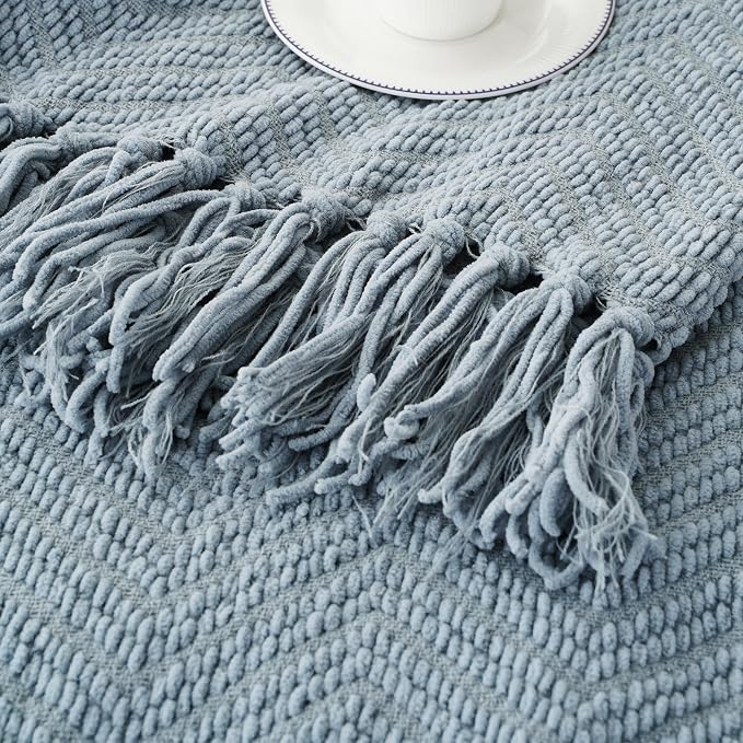 BATTILO HOME Blue Grey Throw Blanket for Couch, Knit Throw Blanket, 50"x60" | Super Soft Dusty Blue Throw Blanket with Tassels, Knit Blanket for Bed,Sofa and Living Room